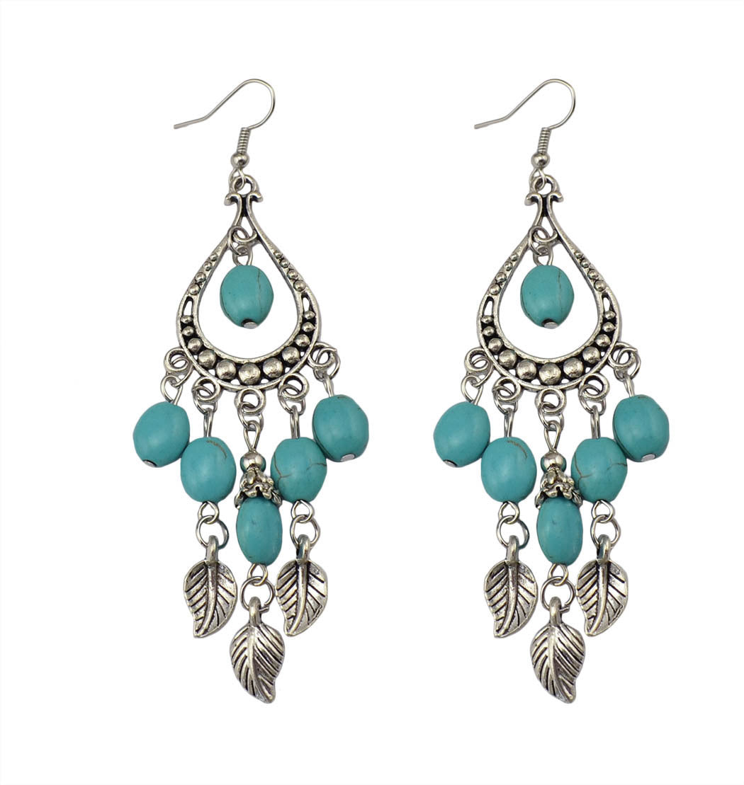 Wholesale Small leaf and twig tassel turquoise earrings