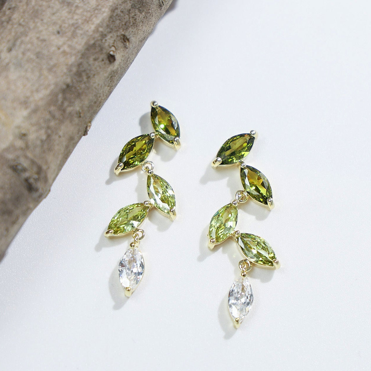 Wholesale Olive Green Gradient Zircon Leaf Earrings