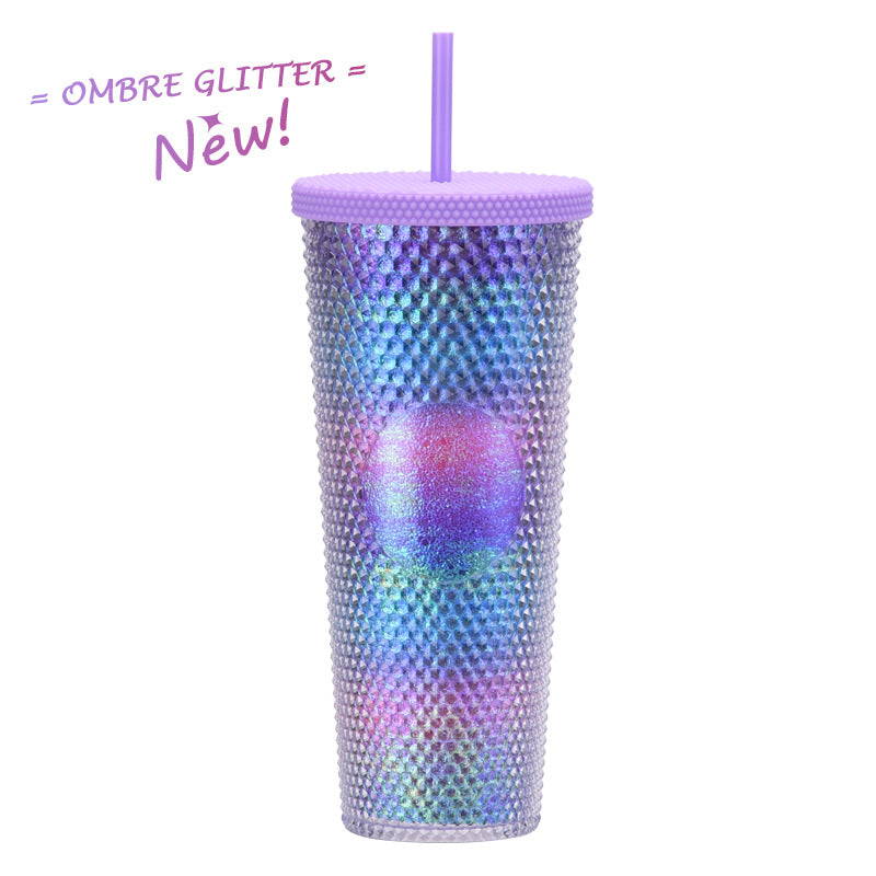 Wholesale Double-layer Plastic 710ml Durian Prick Hand Luminous Color Changing Rainbow Gradient Straw Cup