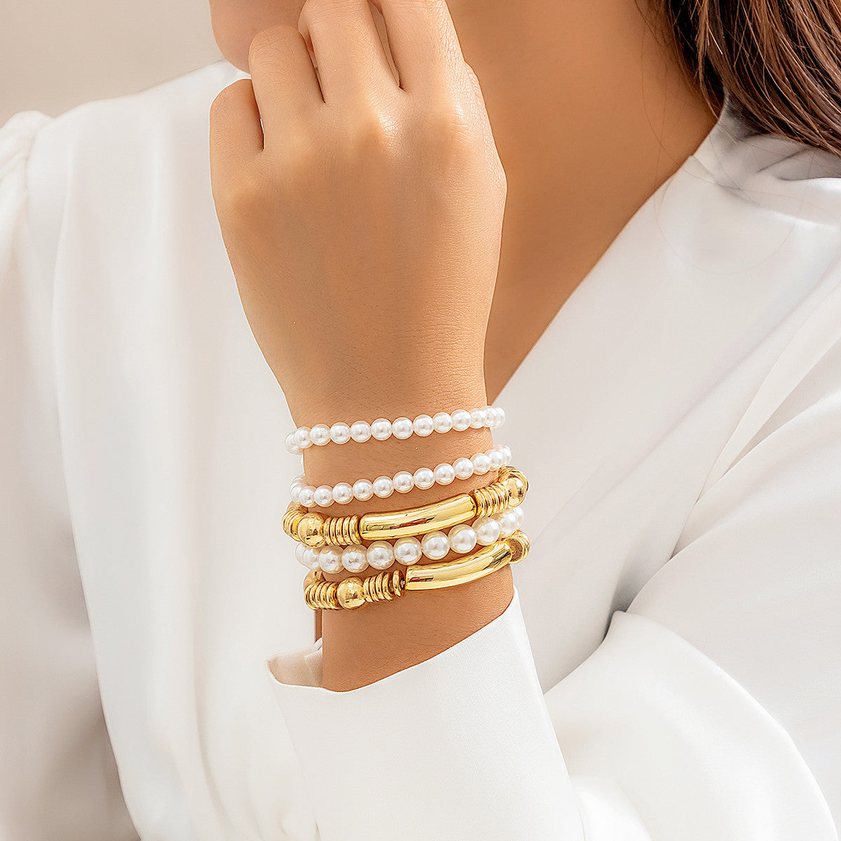 Wholesale Multi-layer Bead Stacked Metal Bracelet Set