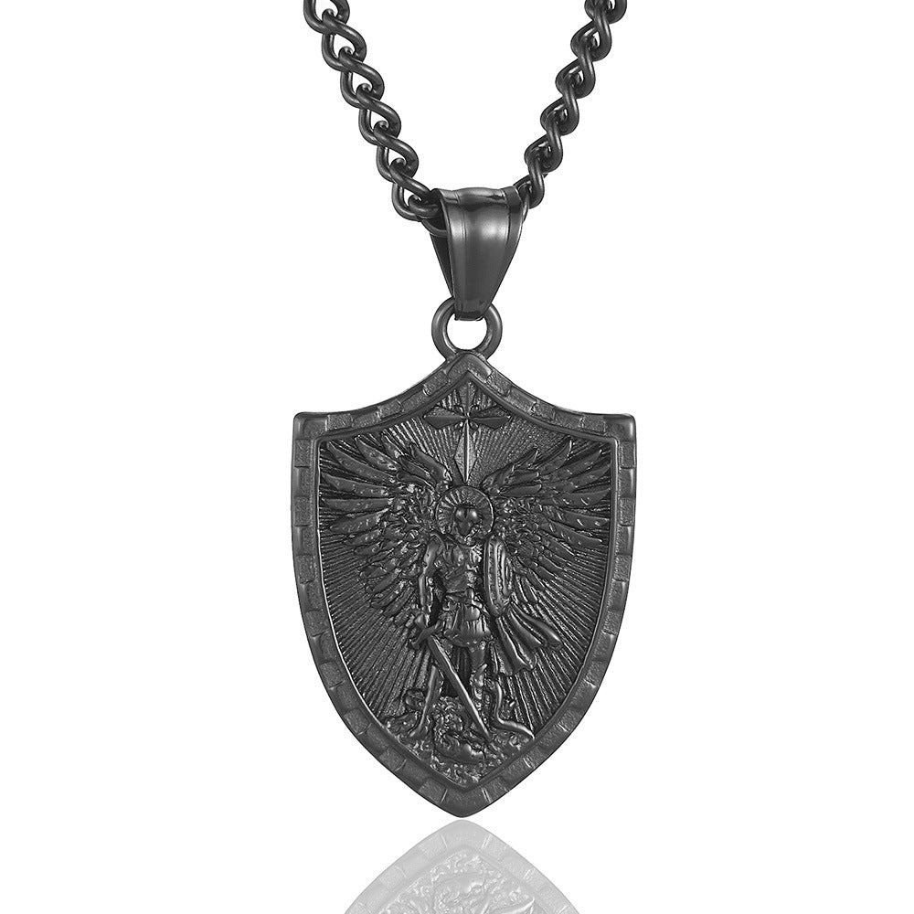 Wholesale Golden Stainless Steel Sword Wielding Warrior Angel Shield Men' s Necklace