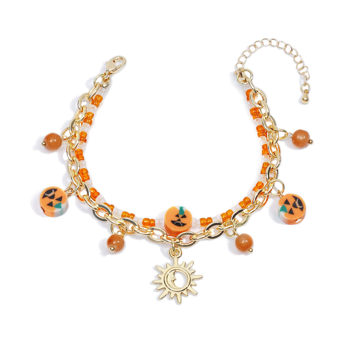 Wholesale Halloween Chain Rice Beads Double Layer Moon Pumpkin Soft Clay Pendant Bracelet