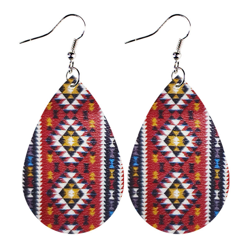 Wholesale Western Style Ethnic Totem Pattern Striped Leather Drop Shape Women's Earrings