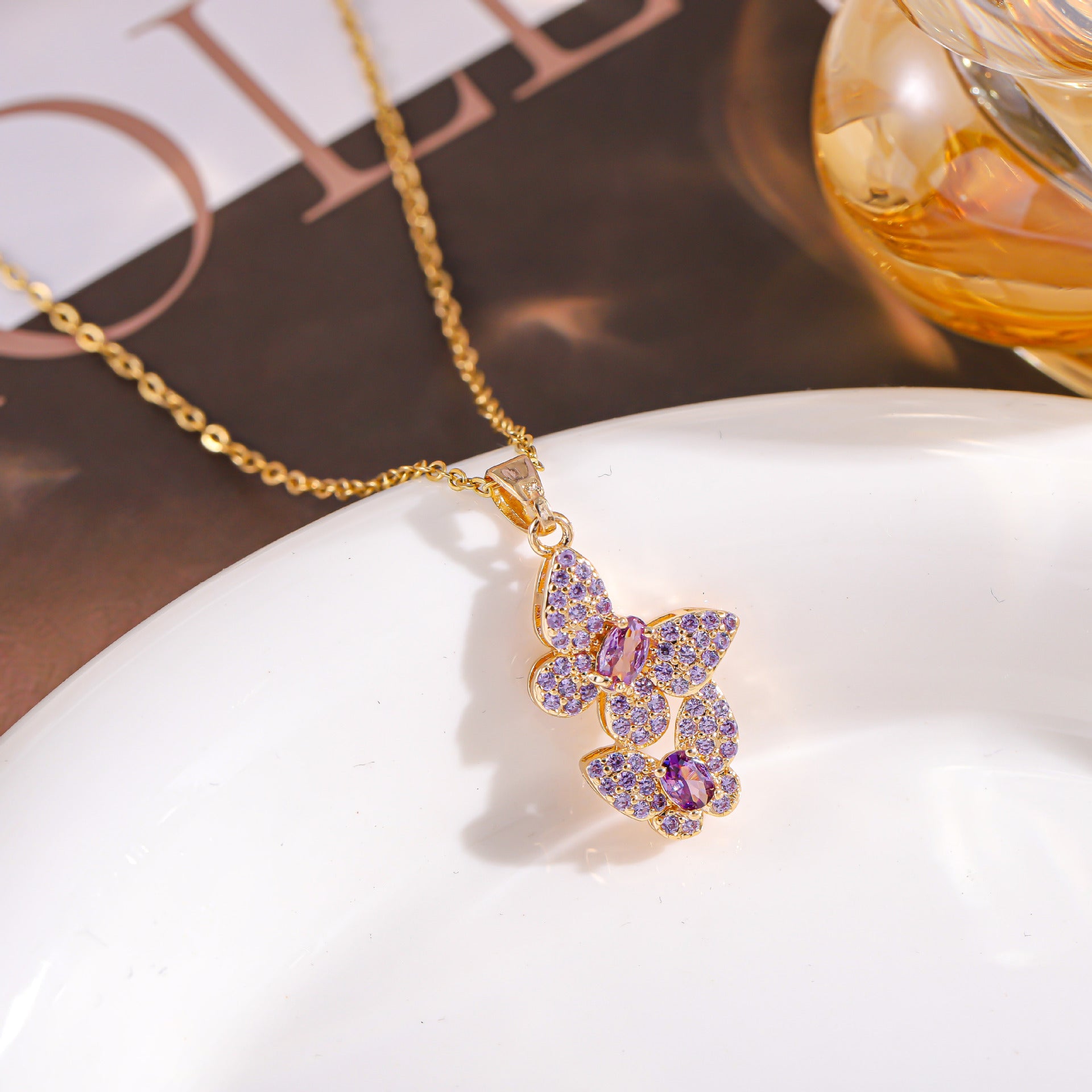 Wholesale fashion jewelry pendant colorful full diamond double butterfly necklace