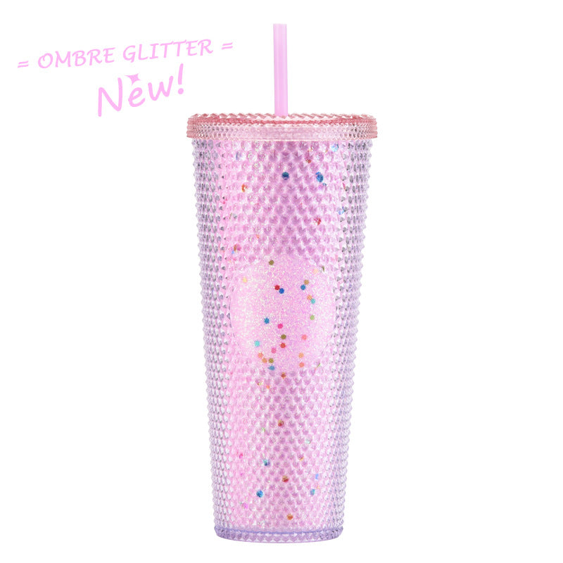 Wholesale Double-layer Plastic 710ml Durian Prick Hand Luminous Color Changing Rainbow Gradient Straw Cup