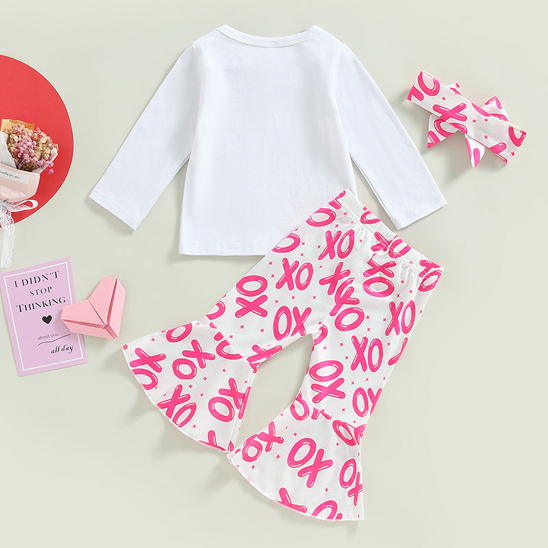 Wholesale Cotton Valentine's Day Long-sleeved Letter Print Tops and Bell-bottom Pants Hair Accessories Three-piece Set