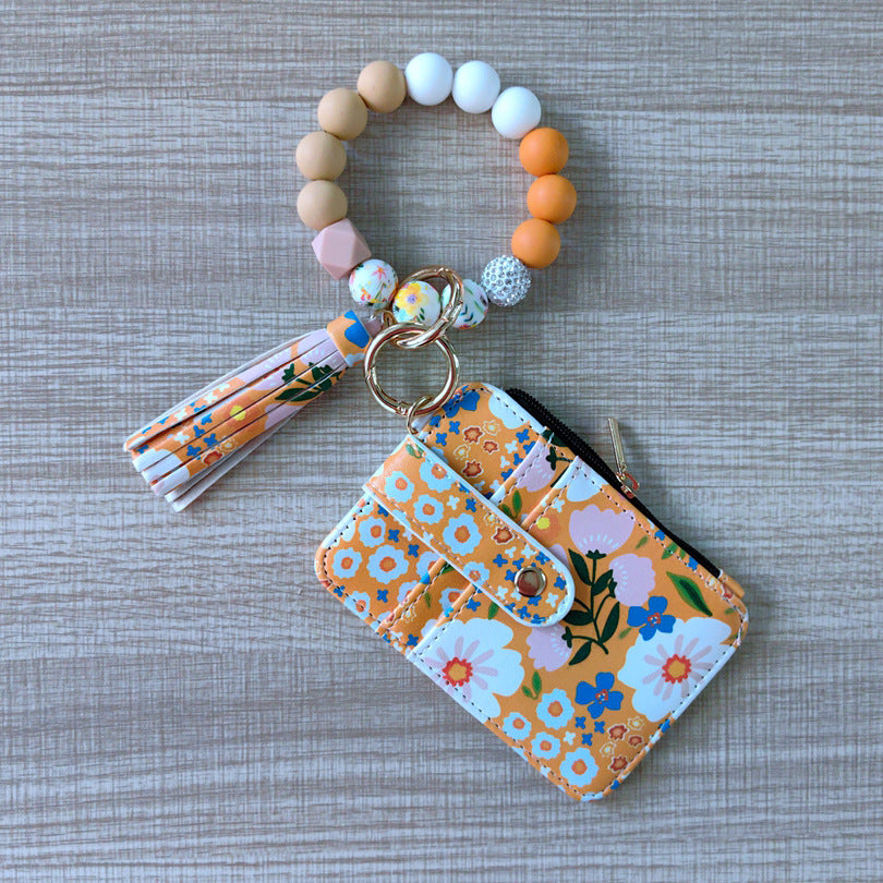 Wholesale  Bracelet Keychain Card Bag Pu Flower Wallet Keychains