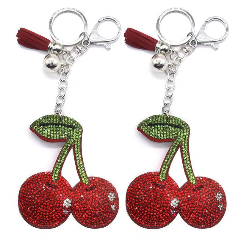Wholesale 4pcs Diamond studded hot pressed cherry Rhinestone Keychain