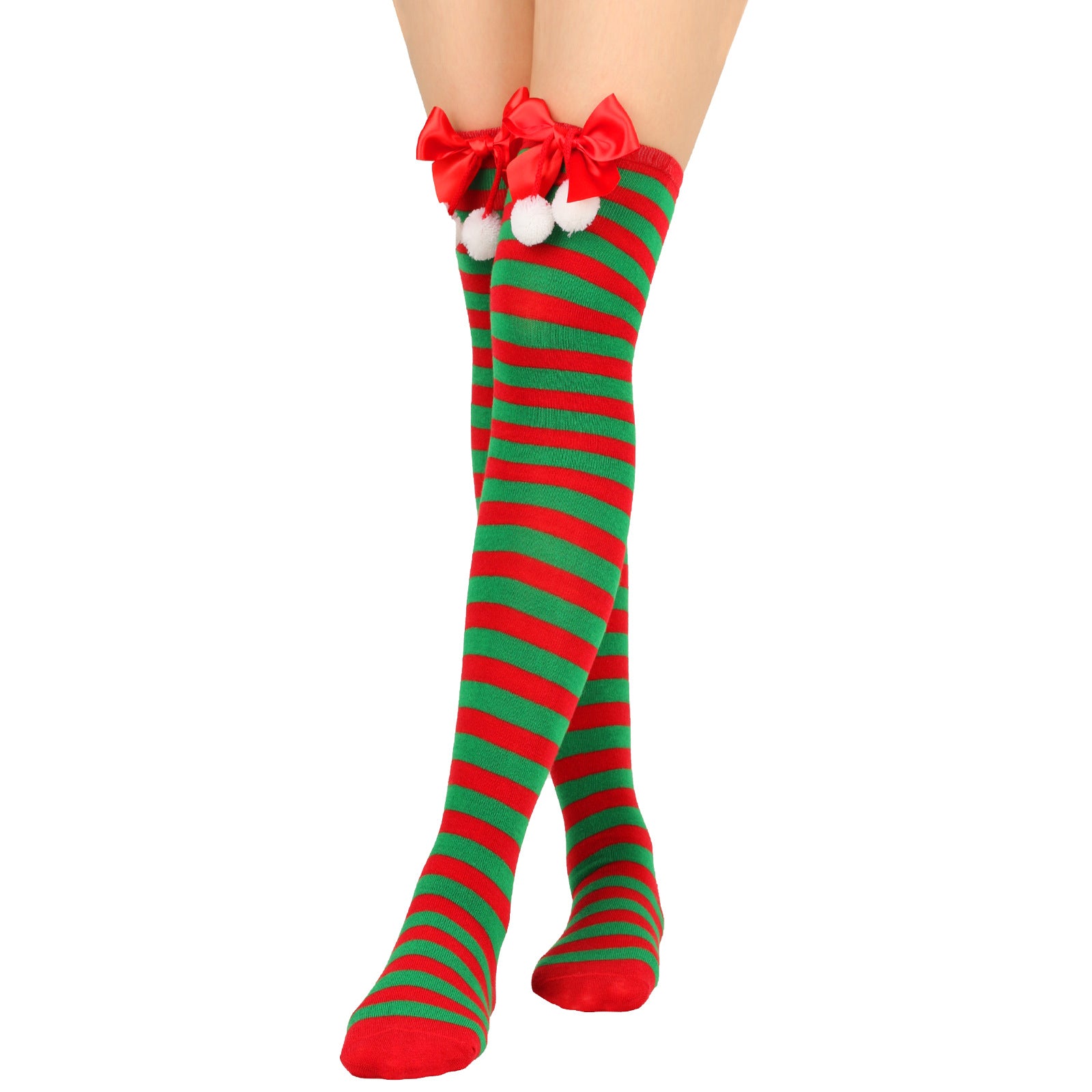 Wholesale Bow Christmas Ball Striped Over-the-Knee Socks