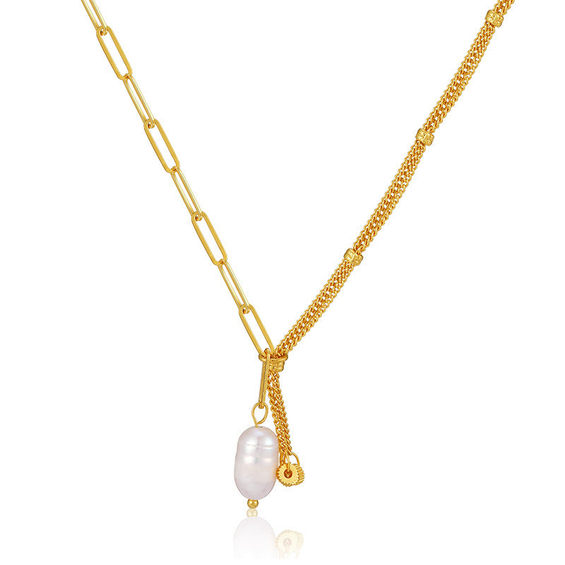 Wholesale Pearl Brass Plated 18K Real Gold Necklace Clavicle Chain