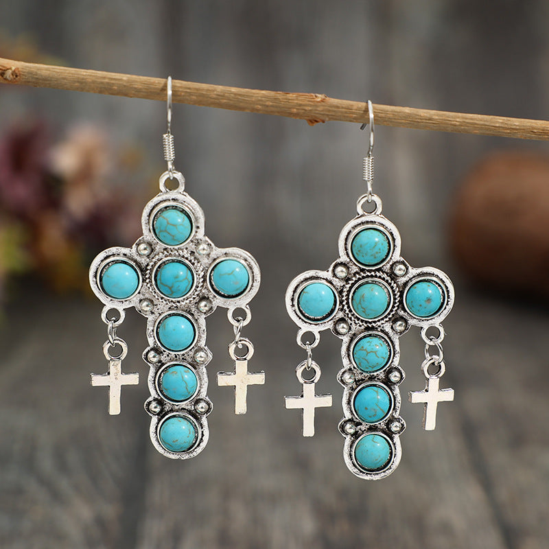 Wholesale Bohemian Cross Vintage Turquoise Alloy Earrings