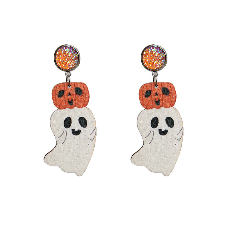 Wholesale 2 Pair/Pack Halloween Pumpkin Reading Ghost Bowknot Wooden Earrings