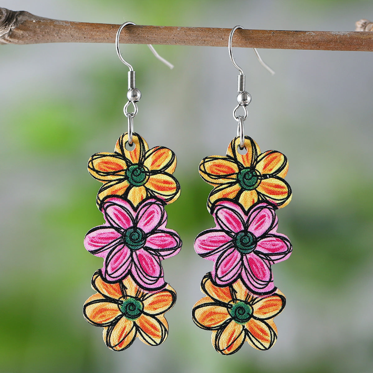 Wholesale Bohemian Color Flower  Wooden Double-Sided Earrings