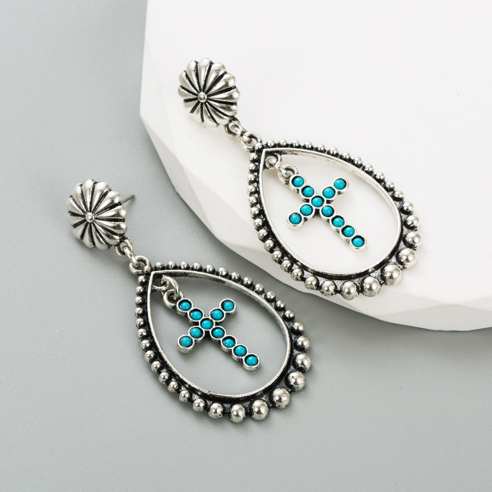 Wholesale Hollow Heart Cross Exaggerated Turquoise Earrings