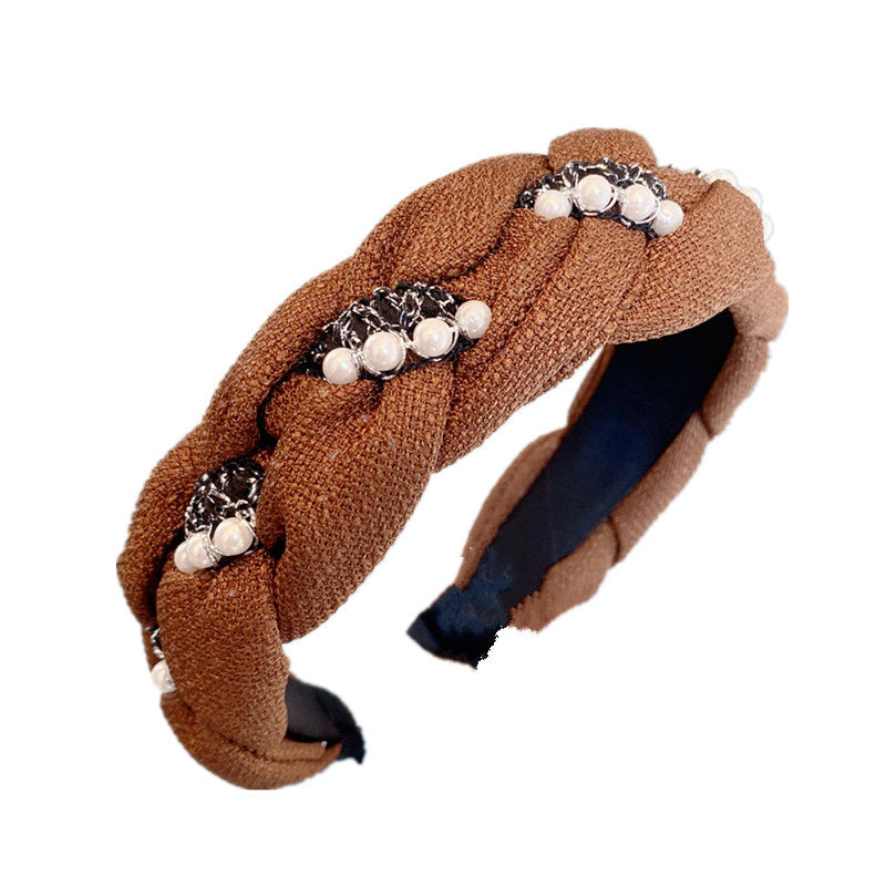 Wholesale Autumn and Winter Style French Retro Wide-brimmed High Skull Pearl Braided Headband