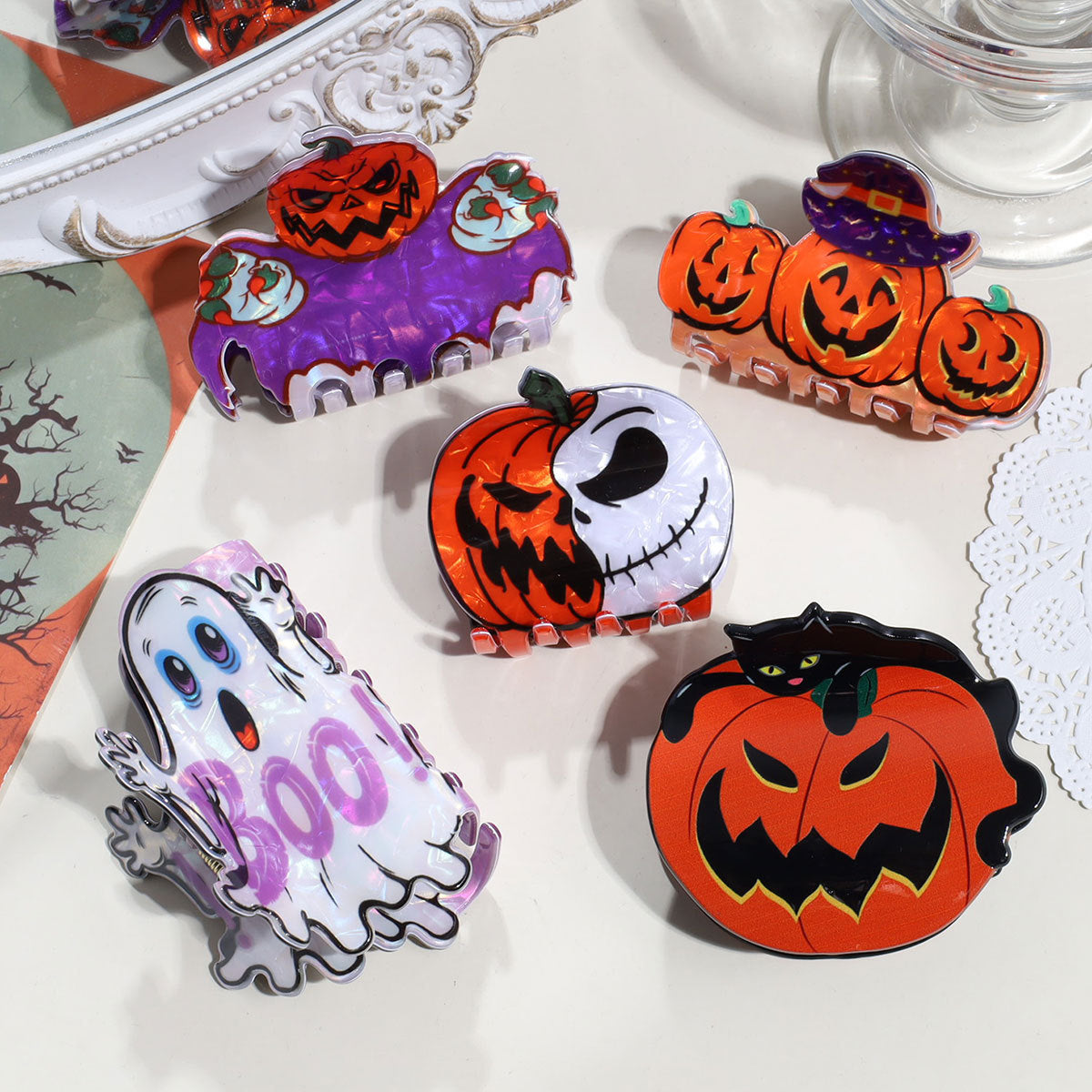 Wholesale Acrylic  Hair Claw Clip Creative Dark Style Pumpkin Ghost Bat Design Womens Fashion Hair Accessory