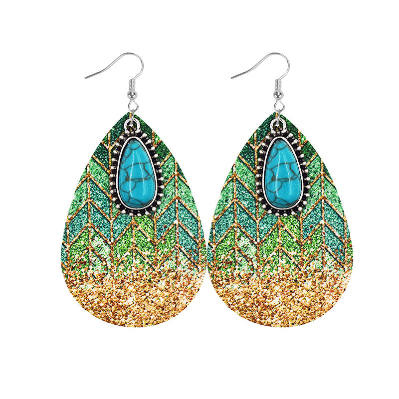 Wholesale Aztec Water Drop Alloy Turquoise Leather Earrings