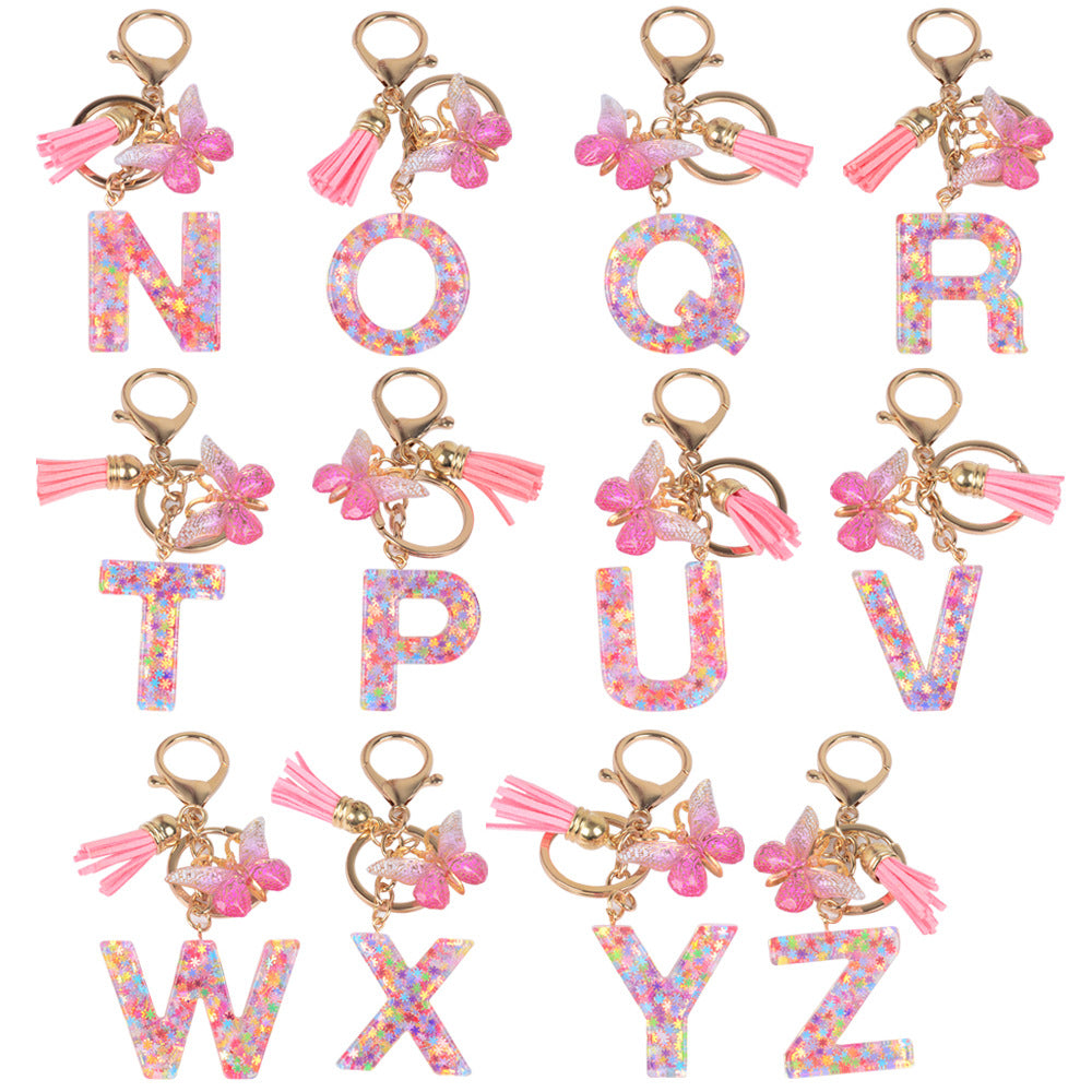 卸売スパンコールスノーフレークレター樹脂キーホルダー