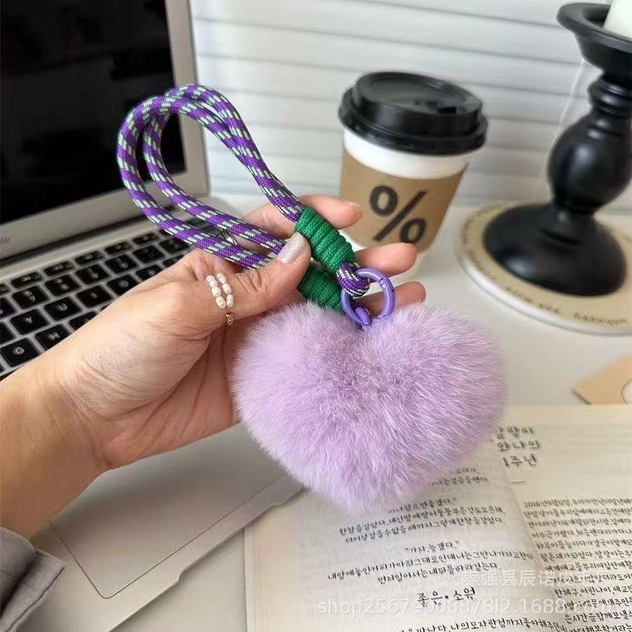 Wholesale Cute Rex Rabbit Fur Pom-Pom Heart-Shaped Car Keychain