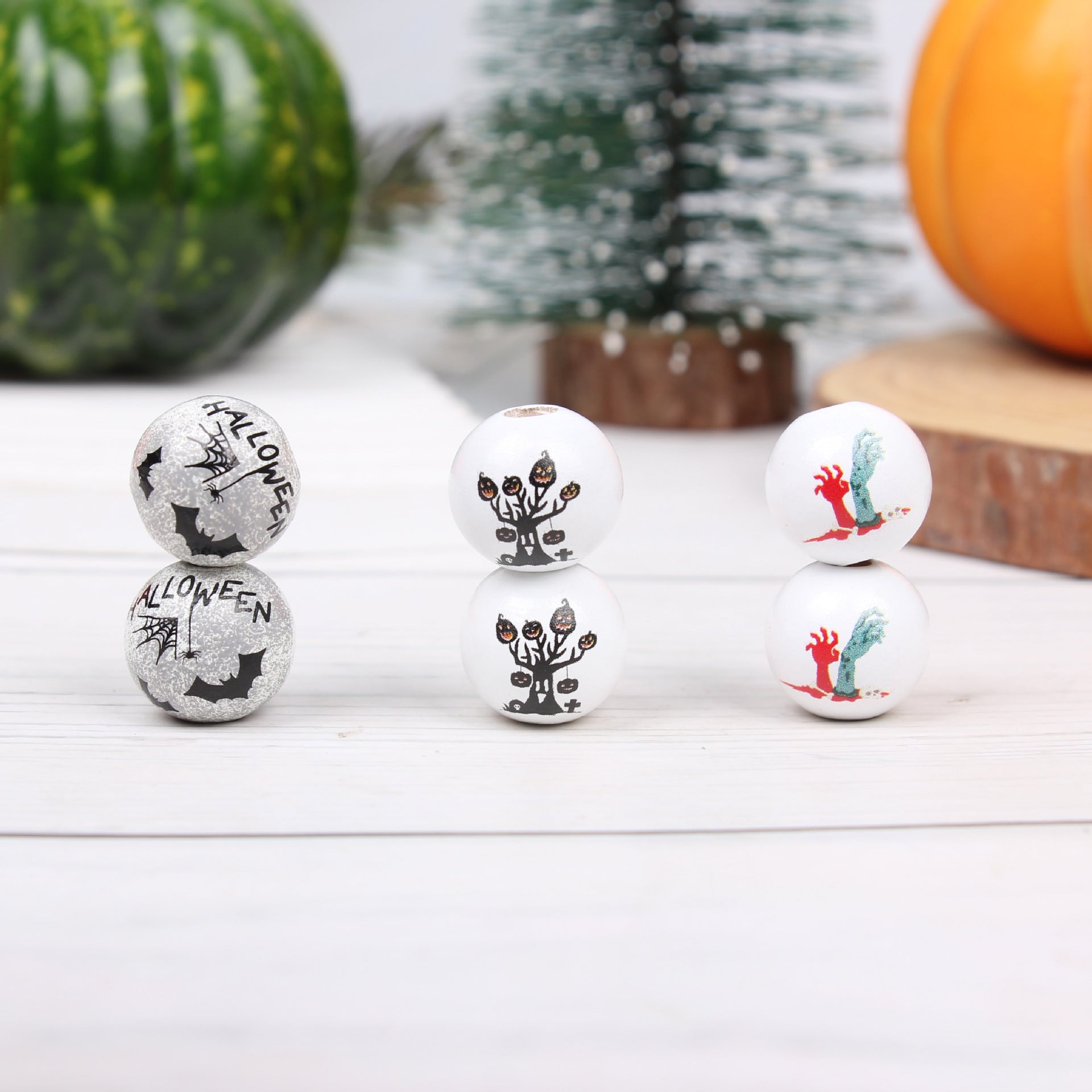 Wholesale 20pcs Halloween Bat Pumpkin Tree Tassel Accessories Wooden Beads