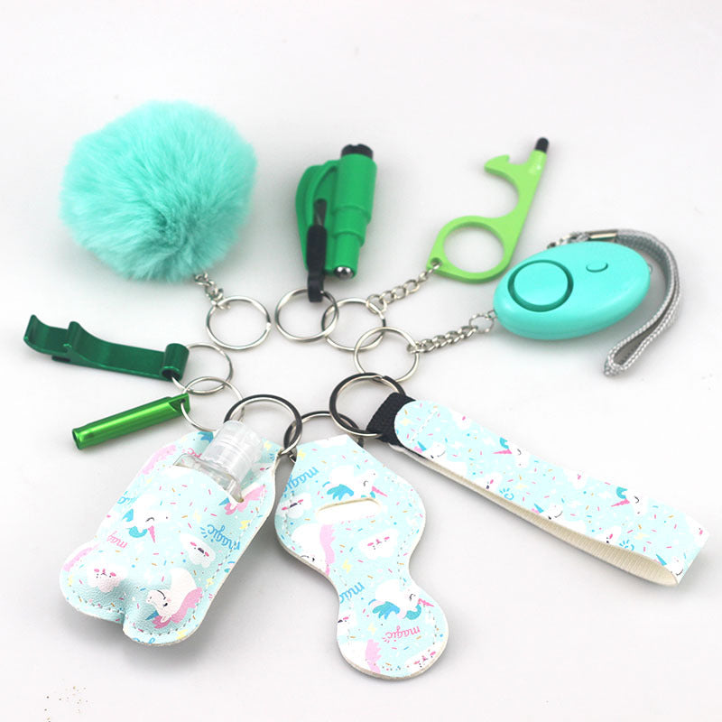 Wholesale Bottle Opener Whistling Hand Sanitizer Leather Case Wool Ball Key Chain Set