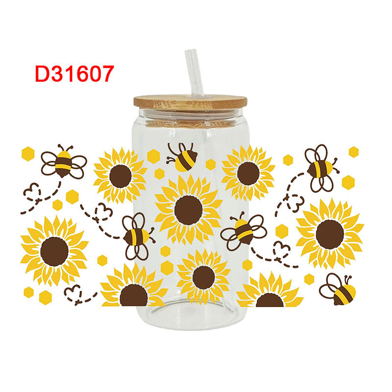 Wholesale Colorful bee flowers 16oz Cup UV DTF Wraps