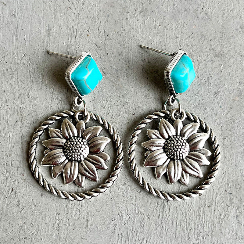 Wholesale Western Style Cactus Sunflower Alloy Turquoise Earrings