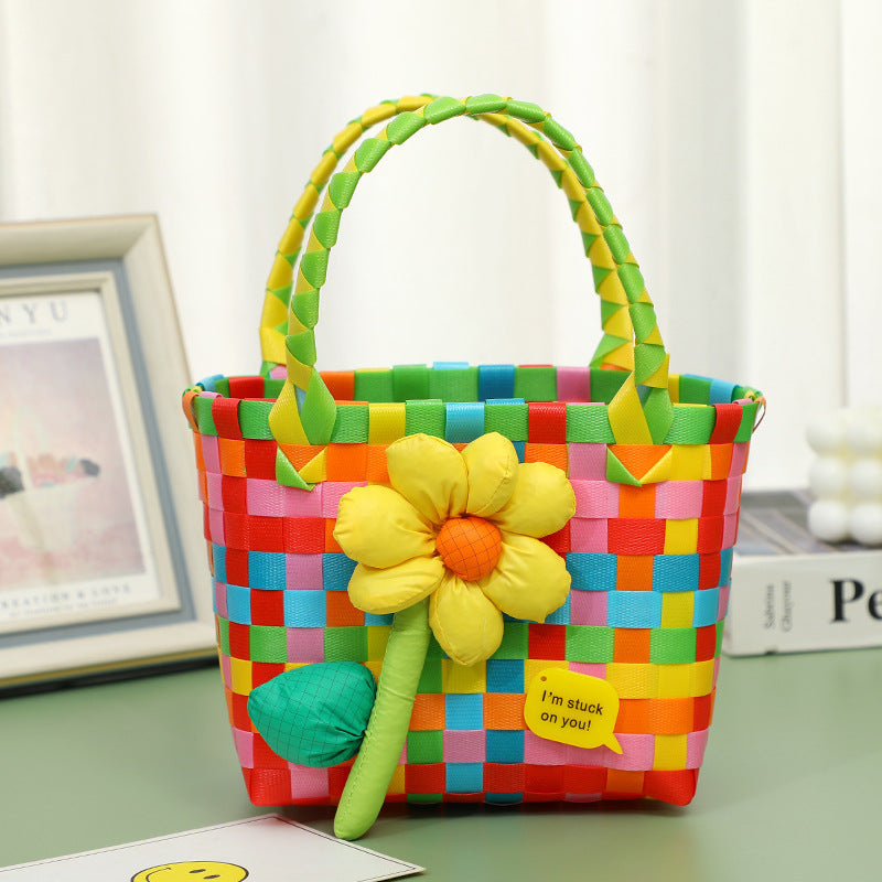 Wholesale Children's flower cute summer beach colorful literary hand-woven handbag