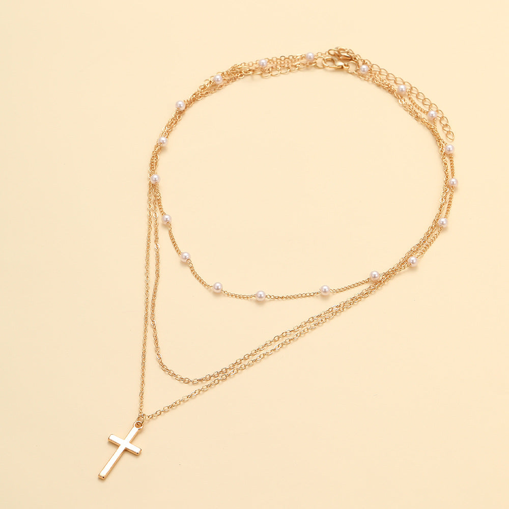Wholesale Artificial pearl clavicle chain creative cross pendant necklace retro multi-layered necklace