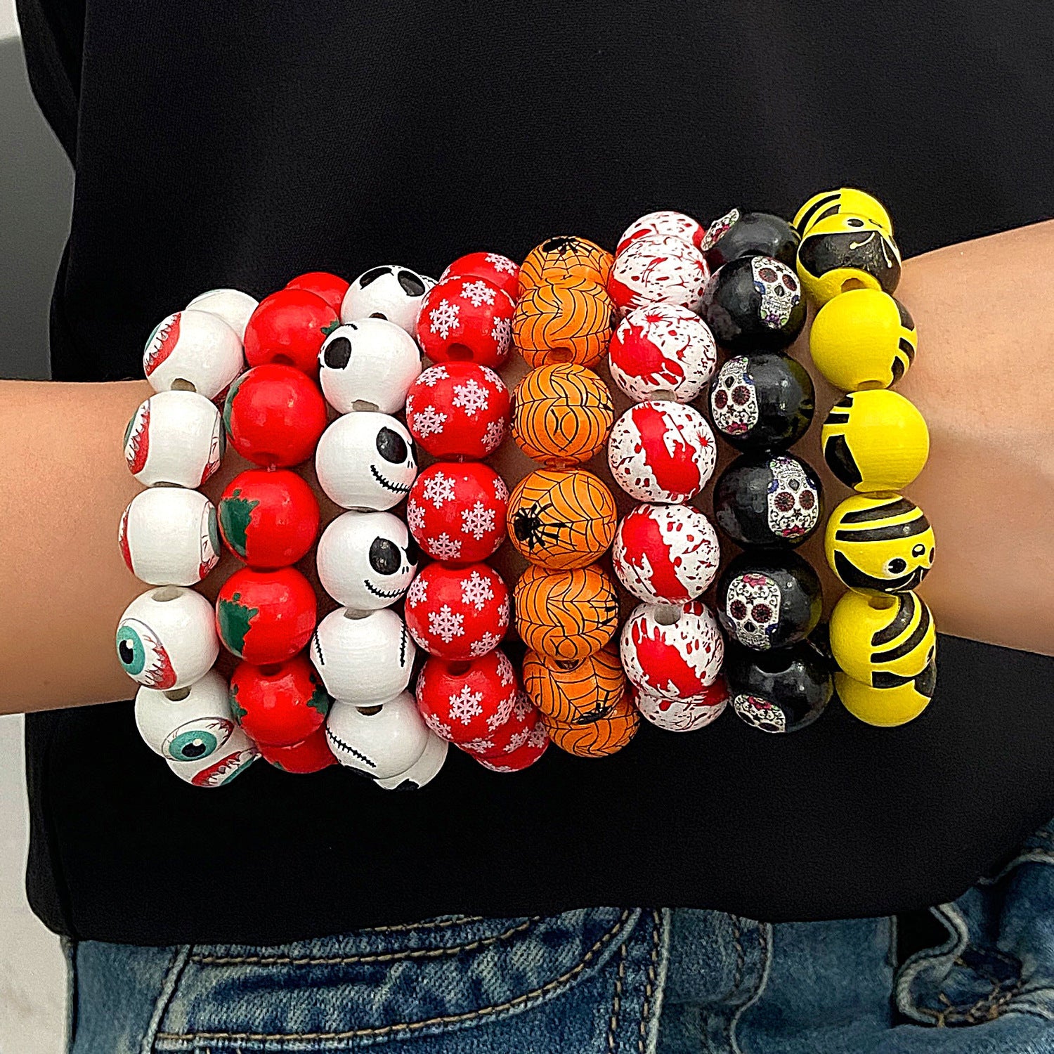 Wholesale Wooden Skull  Web Beaded Bracelet Unisex  DIY Jewelry Accessory