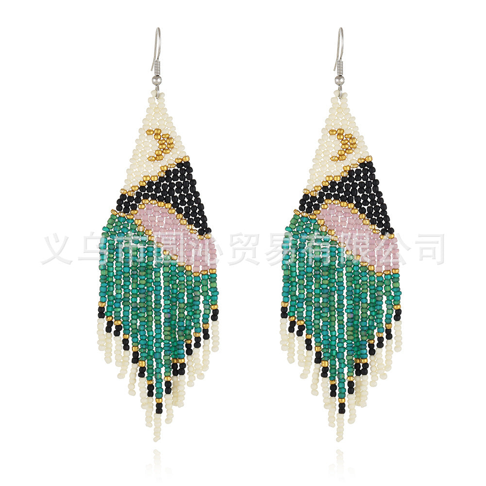 Wholesale Bohemian Handmade Tassels, Moon, Mountain and River Scenery, Rice Bead Earrings