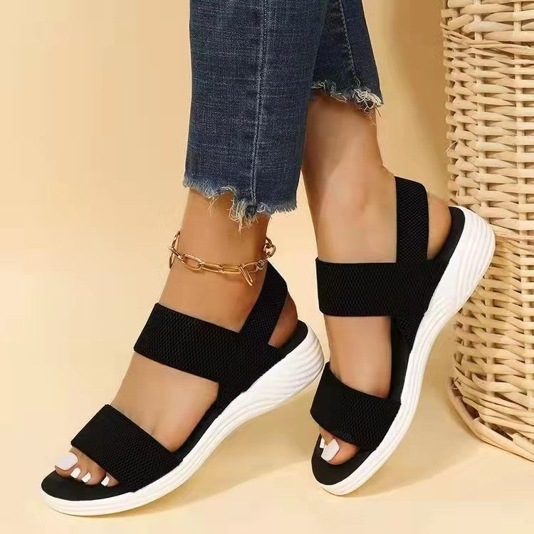 Wholesale Casual Elastic Back Strap Fly Weave Polyurethane Flat Sandals