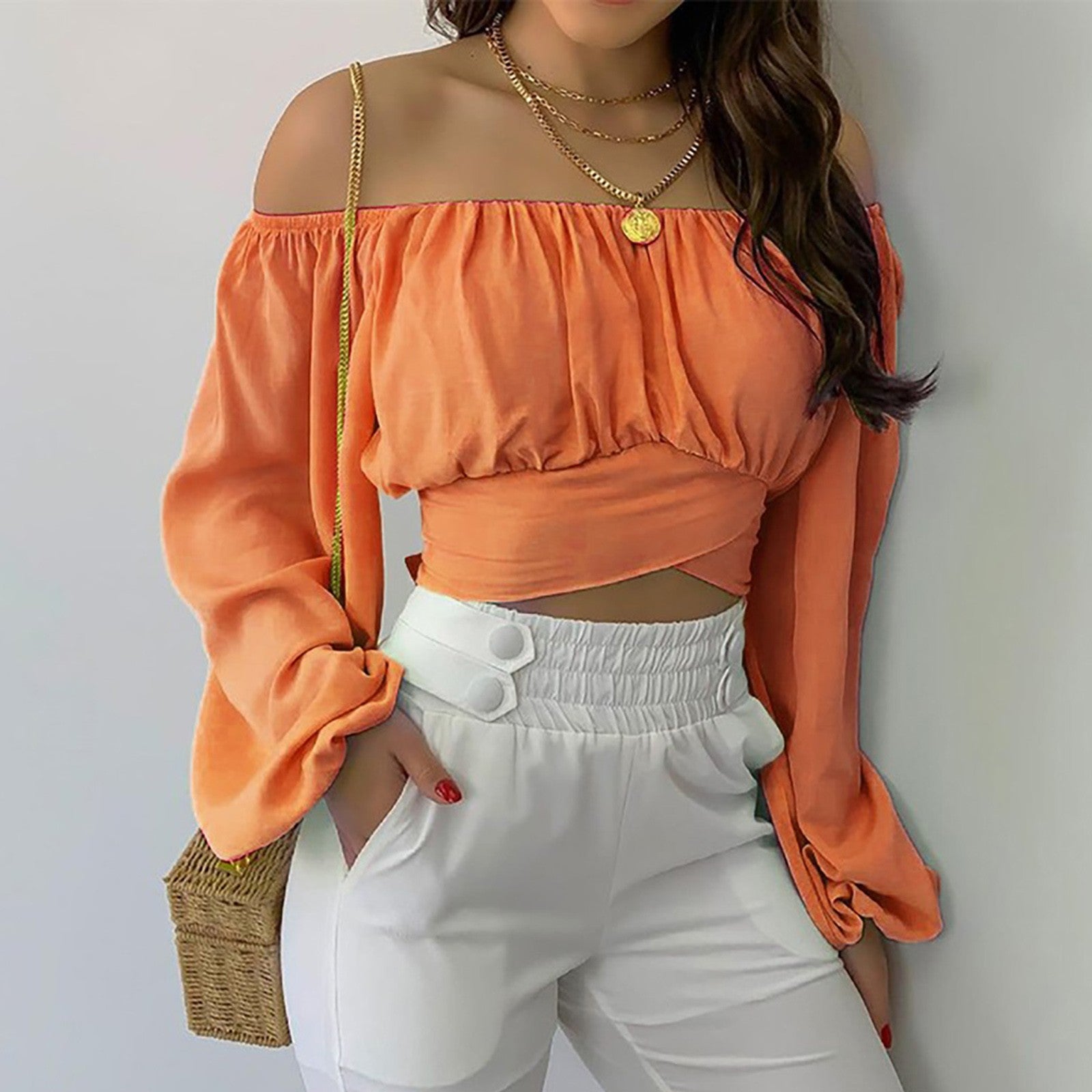 Wholesale Off-the-shoulder Cross-Strap Long-Sleeved Top