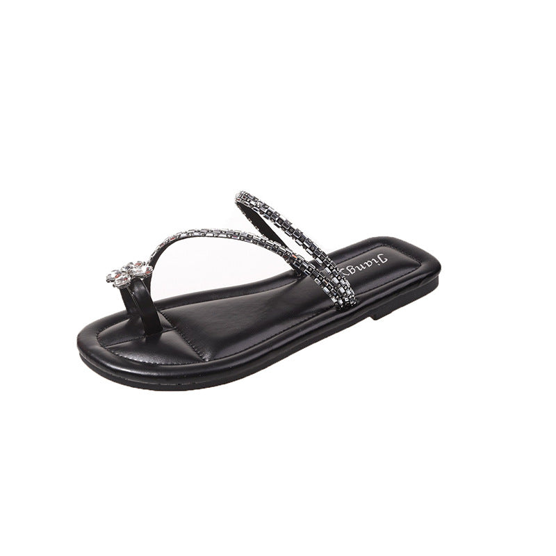 Wholesale Floral Rhinestone Cool Flat Slippers