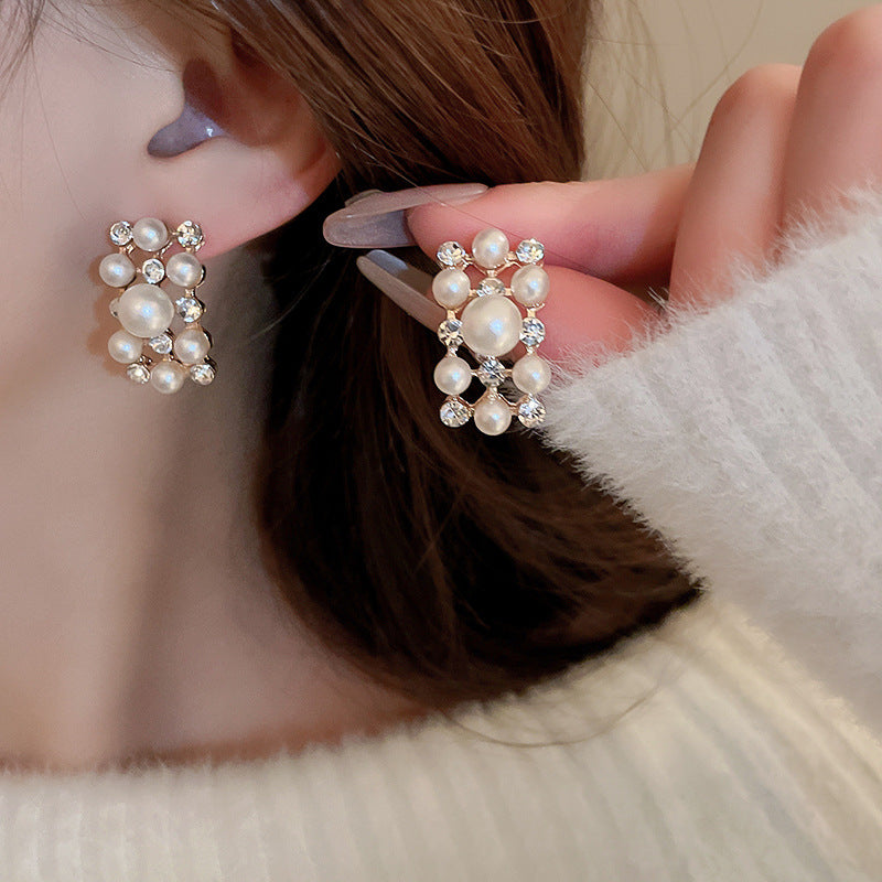 Wholesale Diamond Pearl Rectangular Earrings and Necklace Vintage Set