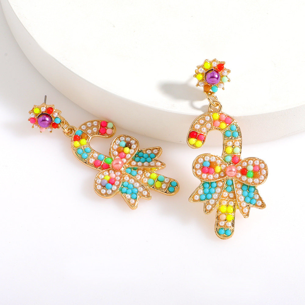 Wholesale Christmas Walking Stick Alloy Diamond and Rice Bead Earrings