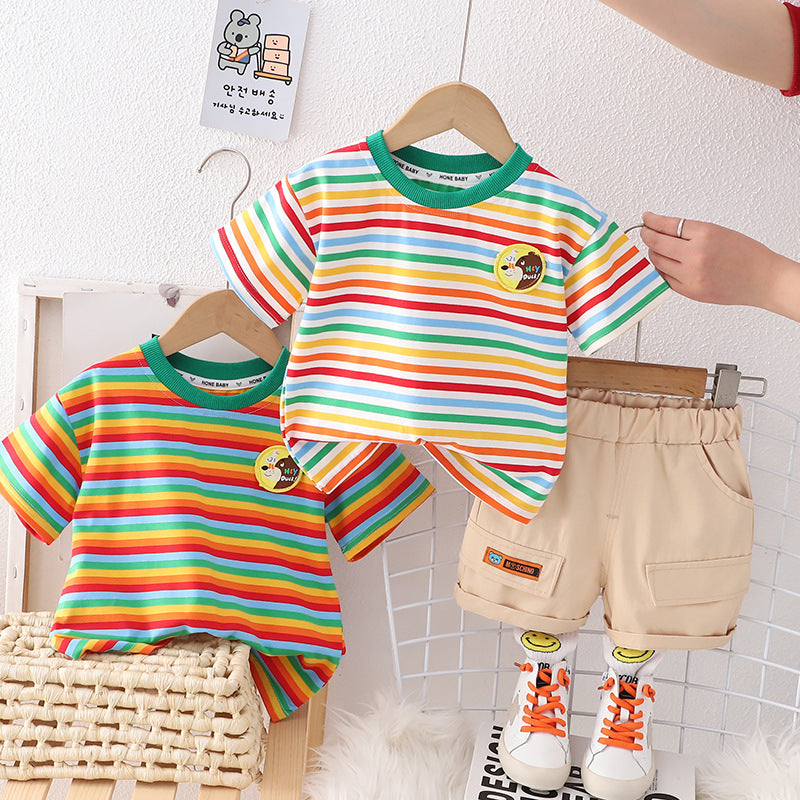 Wholesale Boys' Summer Striped Short Sleeved Work Shorts Cotton Two-piece Set