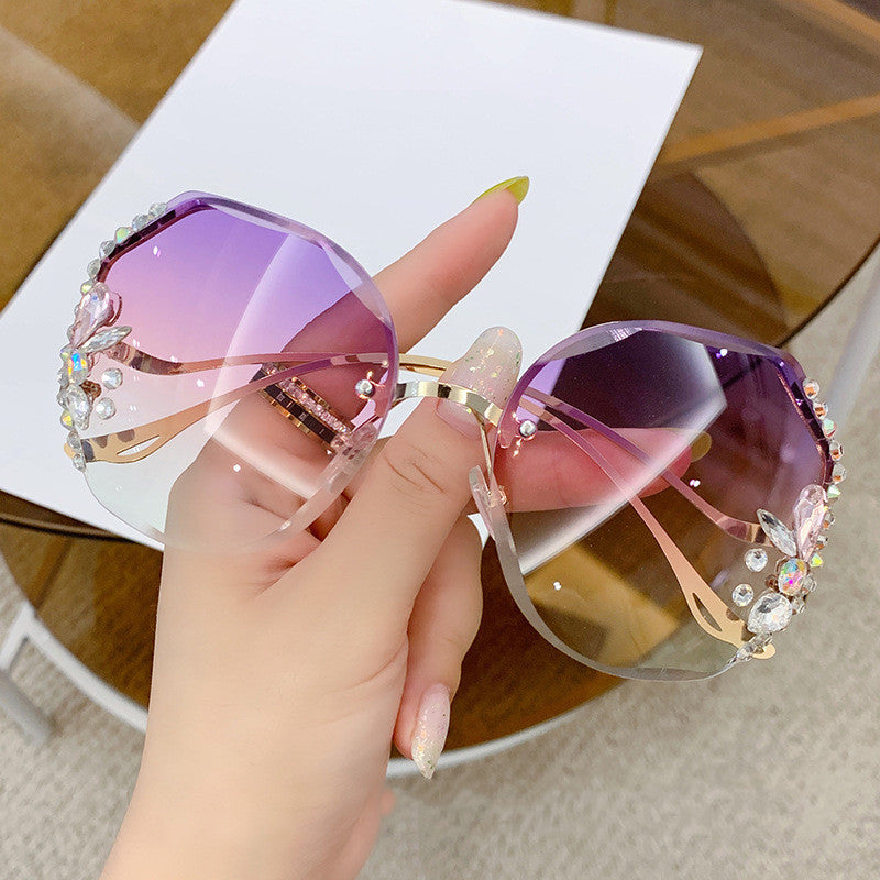 Wholesale Frameless Trim Fashion Big Face Slimming Diamond Sunglasses
