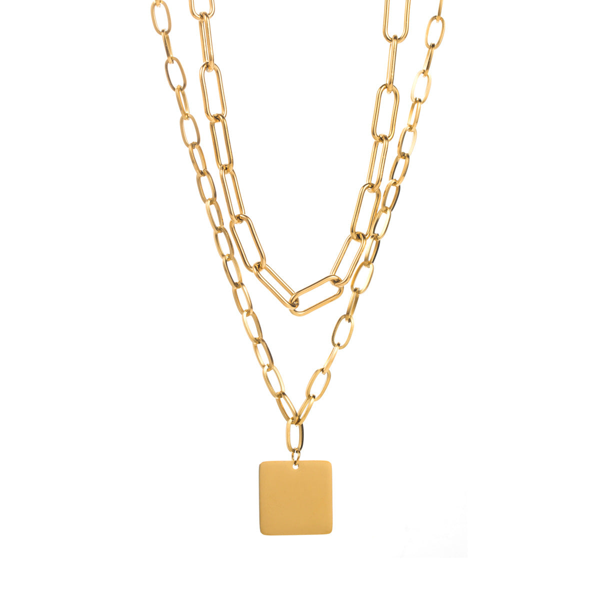 Wholesale Stainless Steel Vintage Square Plate Double Layer Necklace
