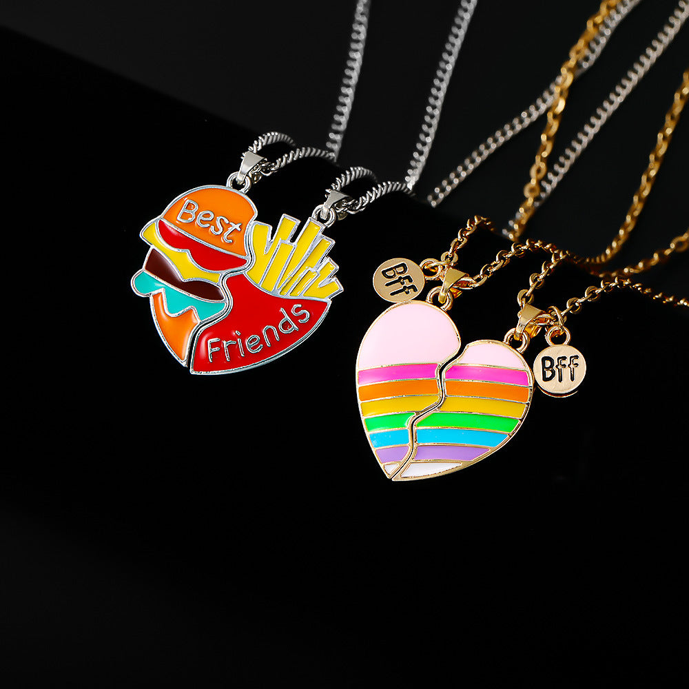 Wholesale Rainbow Burger Fries Heart Stitching Pendant Necklaces