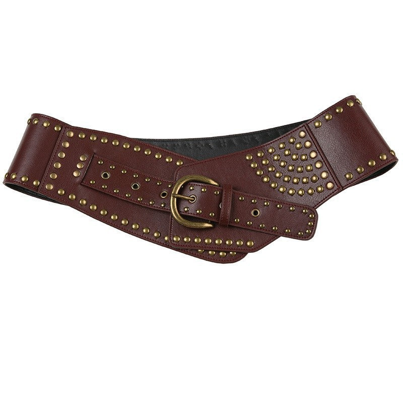Wholesale Hot Girl Subculture Disc Hook Imitation Leather Retro Rivet Stitching Gold Waist Wide Belt