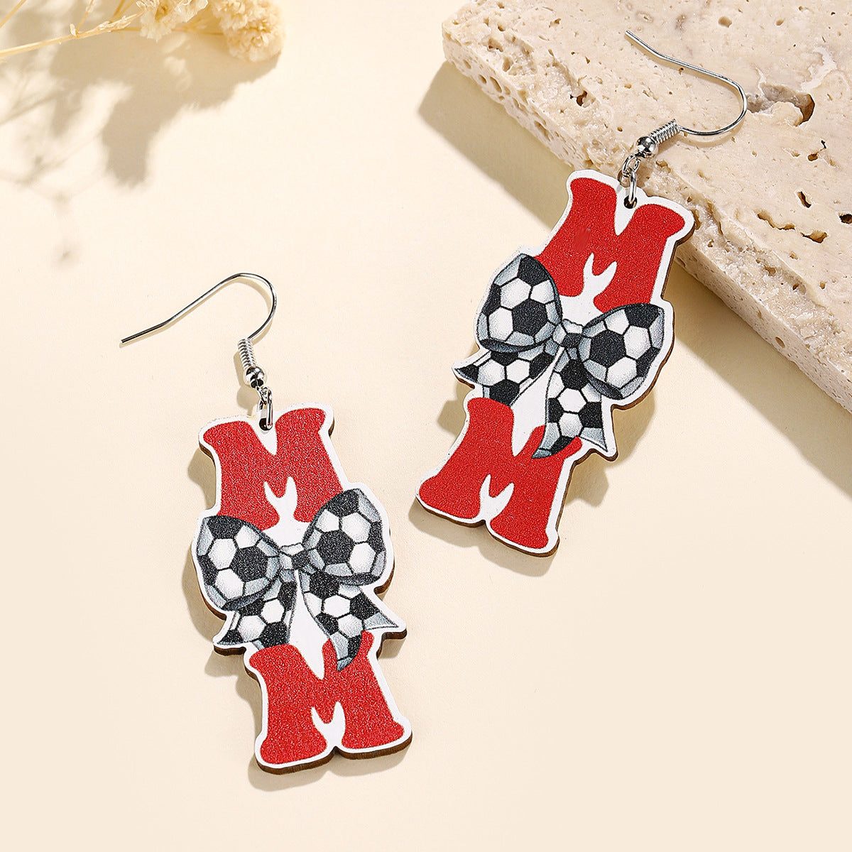 Wholesale Mother' s Day Wooden Earrings Sports Baseball Shiny Earrings Bow Jewelry