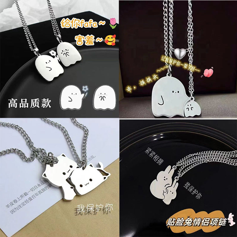 Wholesale Face-to-Face Rabbit Couple Necklace ins No Falling Creative Kitten Puppy Pendant Valentine's Day Gift