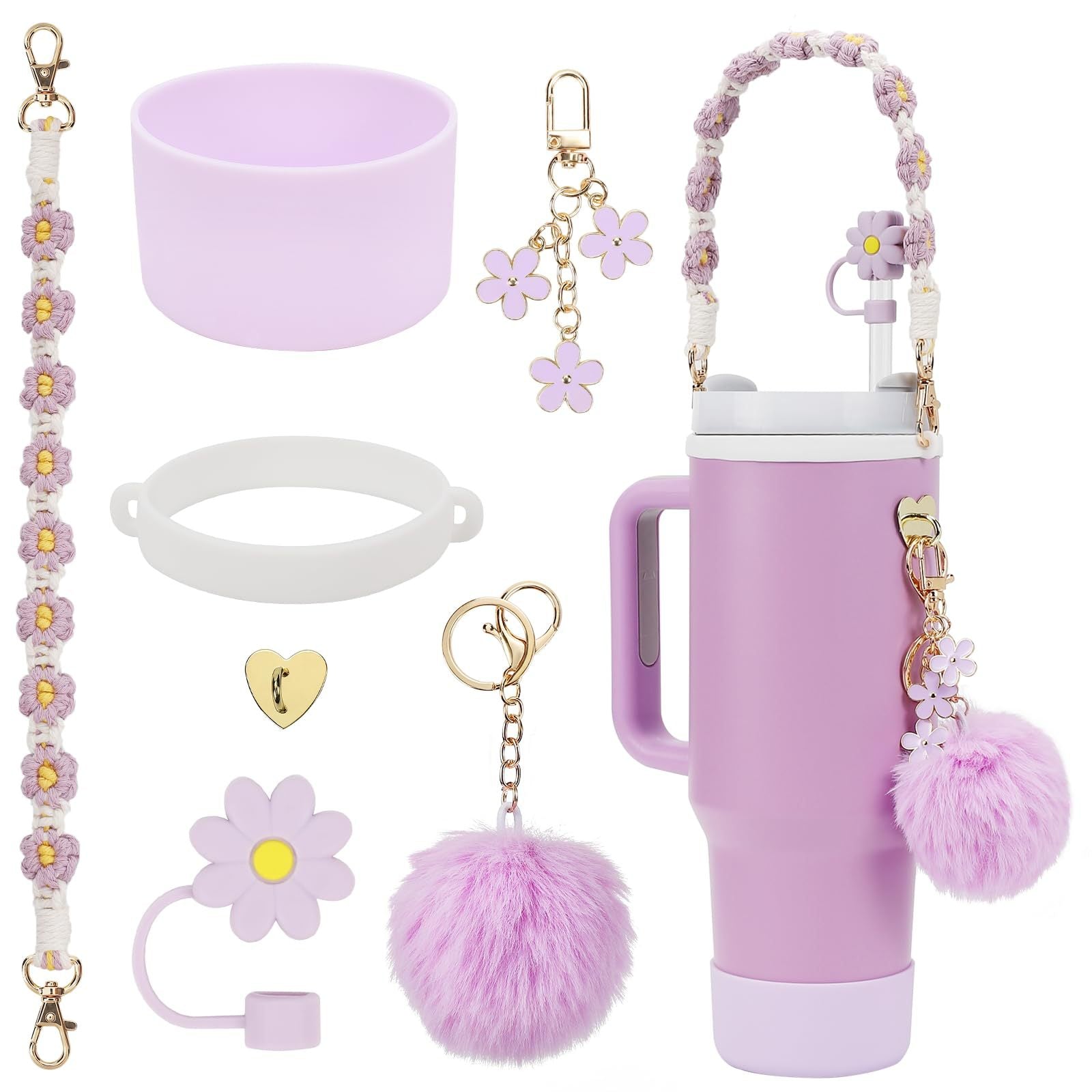 Wholesale Tumbler Straw Cap Cup Sleeve Cup Chain Colorful Flower Key Pendant Plush Ball  Cup Accessories