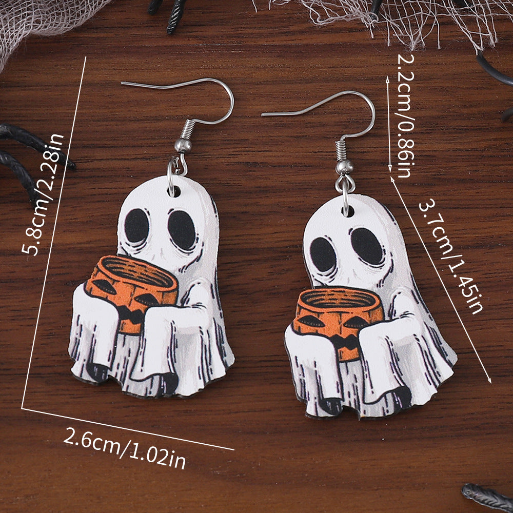 Wholesale Ghost Face Dangle Earrings Wooden Gothic Double Sided Earrings
