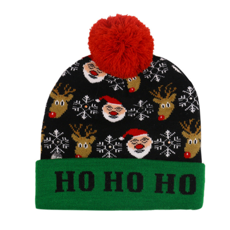 Wholesale Christmas Snowman Elk Christmas Tree Hair Ball Knitted Hat LED Colorful Dazzling Light Woolen Hat
