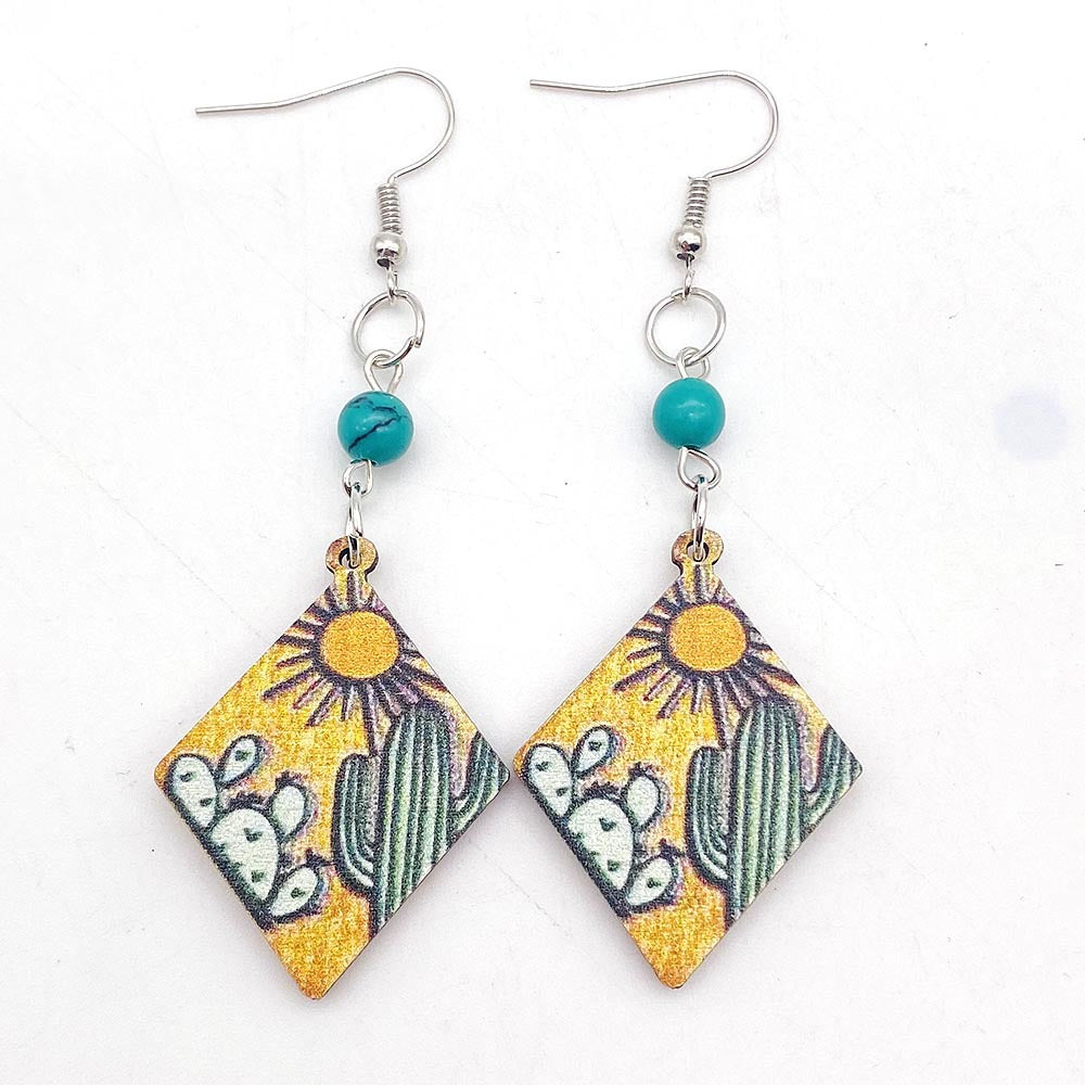 Wholesale Wooden Cactus Sunset Geometric Earrings Western Style Turquoise Bead Pendant Handmade Fashion Accessory For Everyday Wear
