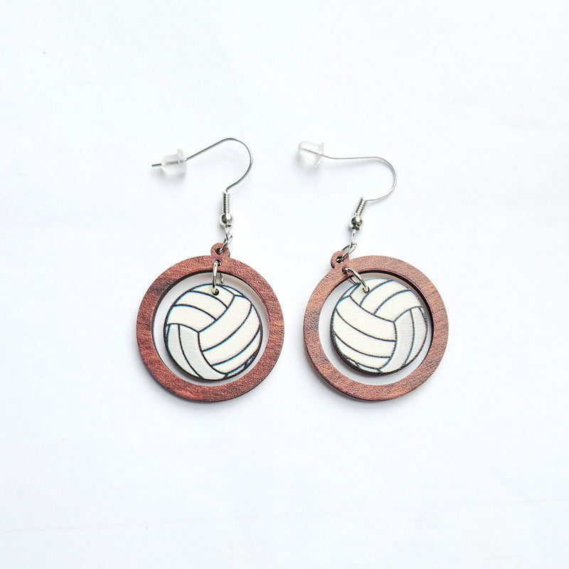Wholesale Football World Cup Baseball Football Basketball Tennis Volleyball Wooden Ring Earrings