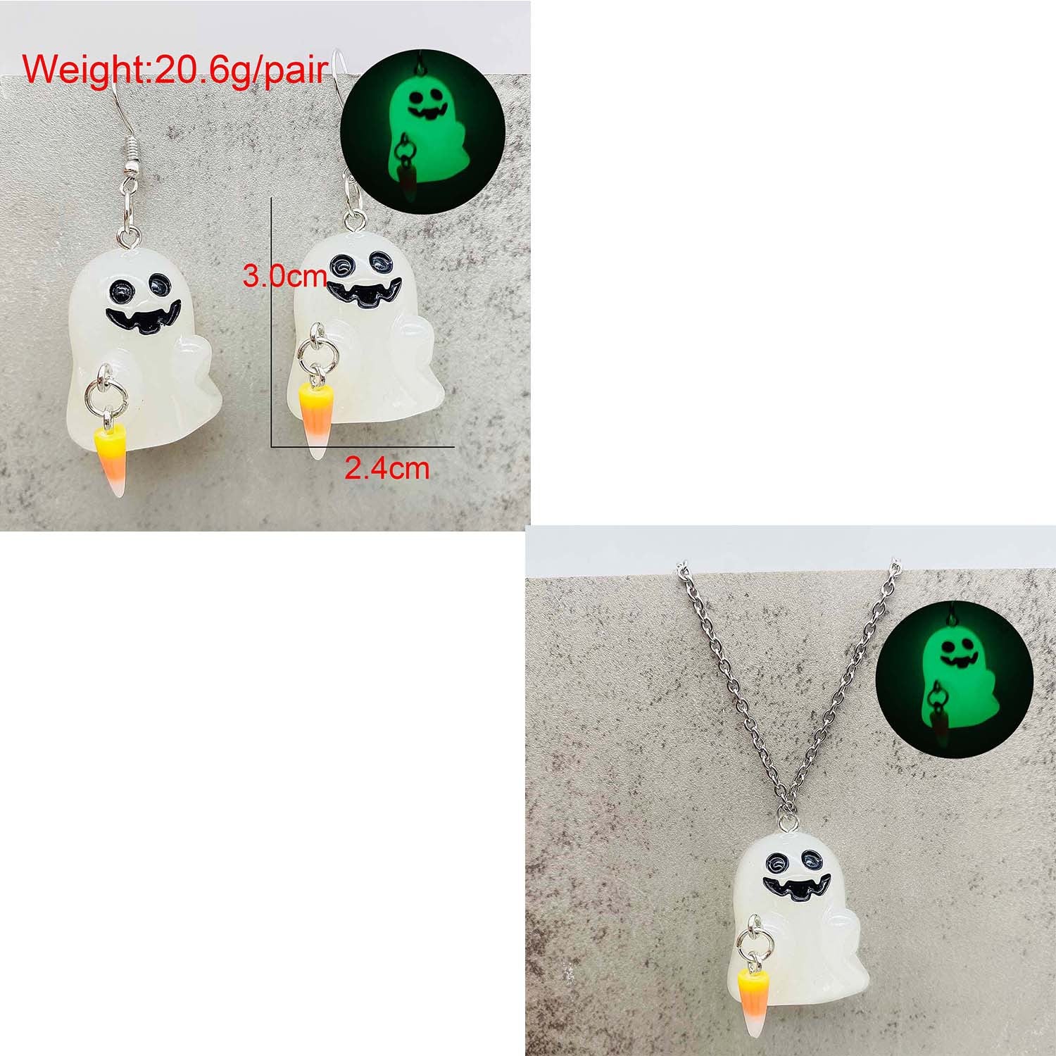 Wholesale Stereo Resin Glow-in-the-dark Ghost Halloween Wishing Bottle Earrings and Necklaces Set