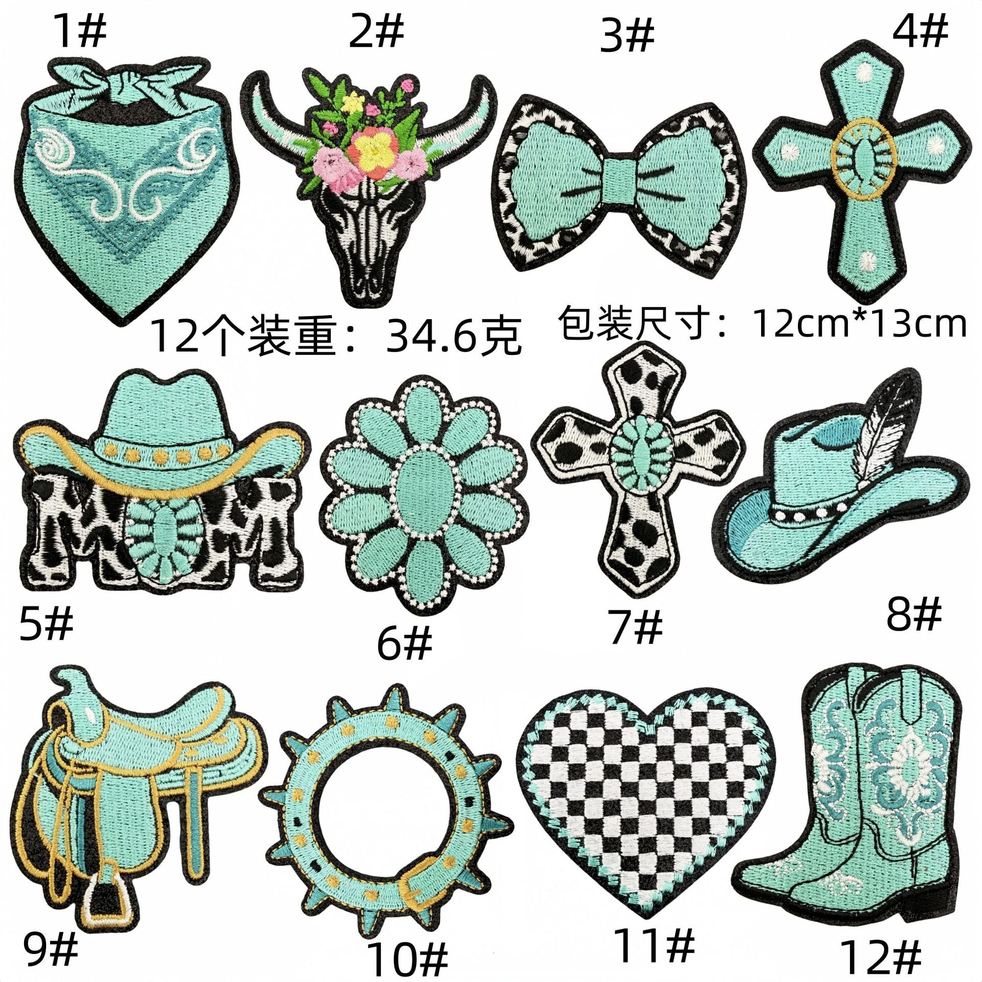 Wholesale Turquoise Western Cowboy Embroidered Iron On Patches Leopard Bow Plaid Heart Designs DIY Decorative Accent For Shoes Hats Everyday Use
